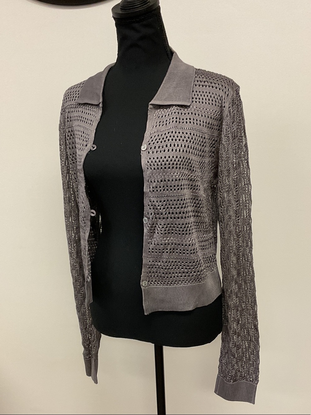 Free People Gray Open-Weave Button Cardigan